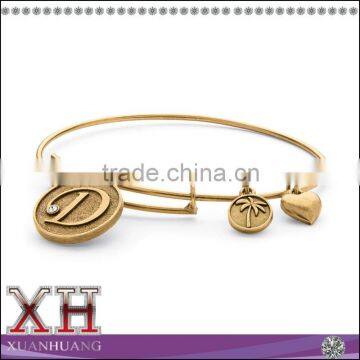 Gold Plated Letter D Charm Adjustable Silver Bangle