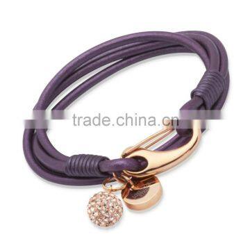 2016 Hot Selling Handmade Stainless Steel Clasp Lover Bangle with Crystal Ball Best Gifts Leather Bracelet for Girlfriend