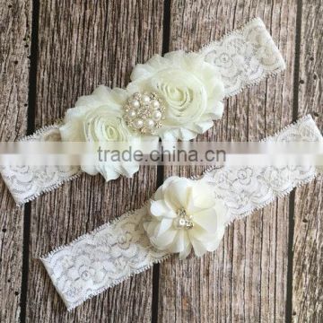 Ivory Pearl Rhinestone Decoration Garter,Chiffon Flower Wedding Garter