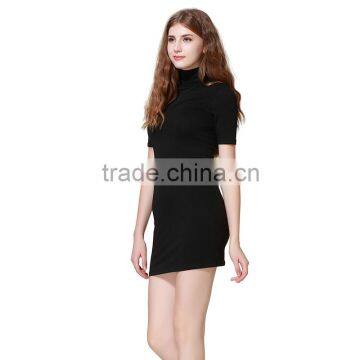 Women's Turtleneck Short Sleeve Knit Stretchy Tank Mini Dress Black Solid Dress Manufacturer Factory Guangzhou photo-3