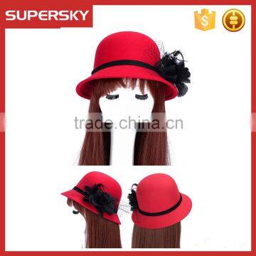 K-108 ladies formal hats with flower charm band wool felt bucket high quality women lace trim homburg