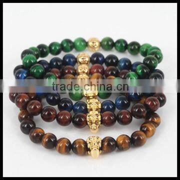 kjl-cst24mix color natural agate/regslite/matte round stone beads bracelet beaded gold 24 skull head men charm bracelet