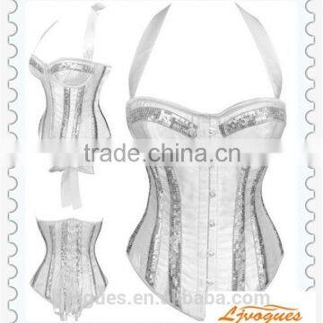 White Satin Halter Corset With Silver Sequin Strips on Body and Bust and Underwired Cups, Front Busk