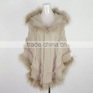 Real Rabbit Poncho/ Raccoon Fur Poncho/ Knitted Fur Shawl With Raccoon Trim KZ14050
