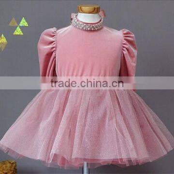 Pearl Neck Long Sleeves Baby Girls Dresses Velvet photo-3