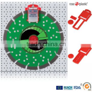 Plastic saw bit blade or saw web packaging clip with hanger for display and show Disc Clip DC