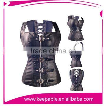 Wholesale Open Cup Front Zipper overbust real Leather Slimming Corsets