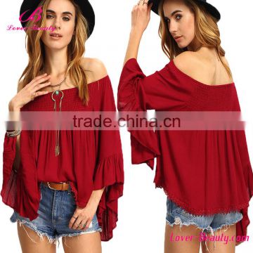 Wholesale Hexin red wine off shoulder fashion blouse