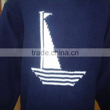 Child Teenager Kids Sailing Boat Pattern Dark Navy Blue Pullover Sweater photo-2