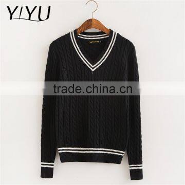 OEM Service Women White Stripes V-neck School Uniform Cable Knit Sweater photo-3