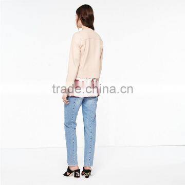 2017 Newest Simple Style Round Neck Wavy Hem Short Leather Jacket Women photo-3