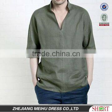 man's latest V-neck linen army green casual shirt