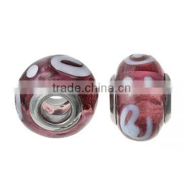 Lampwork Glass European Style Large Hole Beads Round Mauve Transparent White Spiral With 304 Stainless Steel Silver Tone Core photo-2