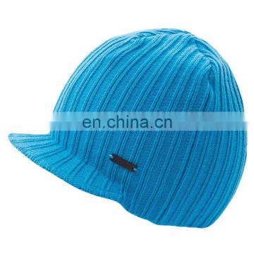 Blue plain knitted beanie hat with short visor pattern