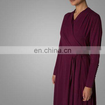 ManXun Modern Muslim Women Maroon Long Abaya Dress With Belt Islamic Kimono Clothing For Ladies photo-5