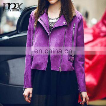 2015 Woman Winter Casual Faux Leather Purple High Quality Zipper Short Jacket Suede