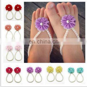 New Summer Newborn Infant Chiffon Flower Pearl Foot Ring Pure Color Foot Anklet Chain Baby Summer Beach Shoes Child Accessories