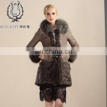 Vintage Sheepskin Fur Garment Large Fox Fur Collar Lamb Fur And Leather Jacket Ladies Luxury Fur Dress