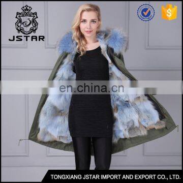 Army style blue fur inside women winter khaki fur jacket with fox fur collar