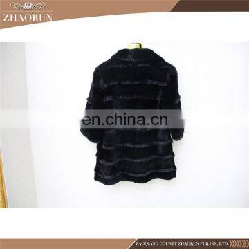 Factory Price Black Rex Rabbit Fur Coat / Rex Rabbit Fur Jacket Clothing With Mink Fur Piping photo-2
