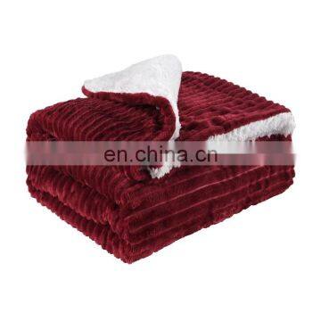 Plain stripe popular 100% polyester flannel sherpa blanket for winter