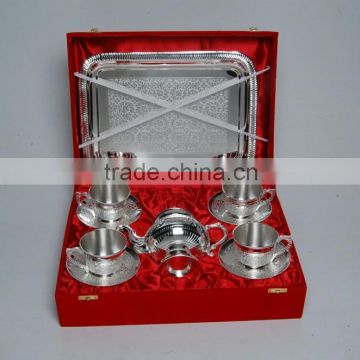 Silver Plated Brass Set Of Tea Coffee Cup, Plate Set Of Four And Kettle With Serving Tray