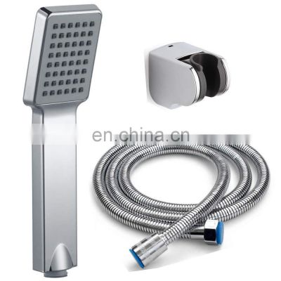 Chrome finish square ABS plastic handheld shower head with flexible hose and shower holder