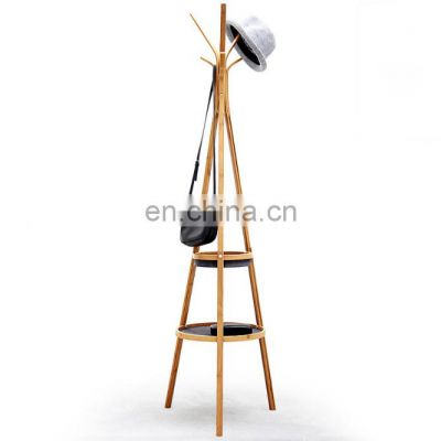 Eco-friendly Bamboo Corner Stand Hat Coat Hanger Rack for office living room bedroom with storage tray