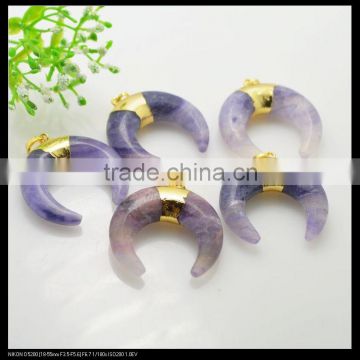 LFD-0075P ~ Wholesale Natural Amethyst Druzy Pendant Bead Fashion Gems Jewelry Tribal Ox Horn Shape Gold Plated Charm Pendants