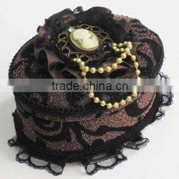 Jewelry Gift Box, Velveteen, with iron chain & Lace & Satin Ribbon & Resin & Zinc Alloy, Oval, brown,