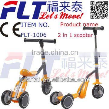 Hot selling 2 in 1 FLT-1006 three wheel kids scooter with strong steel and PU wheel for sale in 2013