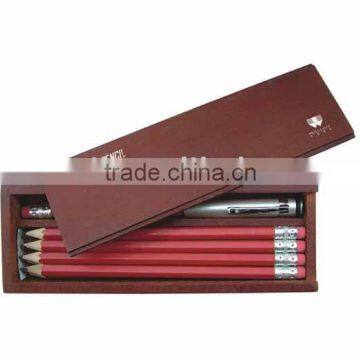 stationery set:9pcs HB pencil,with one metal sharpener.with wooden box.