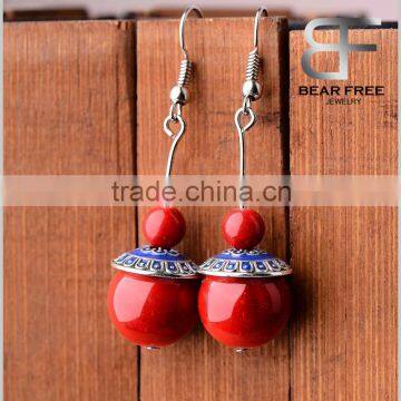 Retro Daily Wear Big Red Stone Beads Dangle Earrings for cute girls