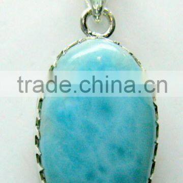 Larimar Long Oval Cabochon Pendant , 925 Solid Sterling Silver Pendant, Designer Silver Prong Pendant