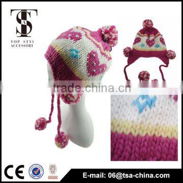 Fashion little girl's beanie jacquard heart hat with pom pom