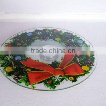 Christmas pattern rotating lazy susan style tempered glass serving plate