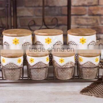 Brown Embossed 7 PCs Ceramic Food Jars Set with Bamboo Lid and Iron Stand