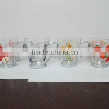 factory supply glass cup with metal handle espresso cups with printed flowers glass coffee cup with metal holder coffee