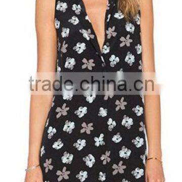 Women's Black Sexy Deep V Neck Sleeveless Floral print skirt Casual Dress