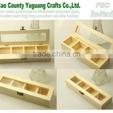 true pine unfinished wood tea box,4 bags tea wooden box,glass lid wooden box