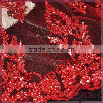 Red floral tulle embroidery with cord lace,sparkle beaded sequin lace fabric for wedding