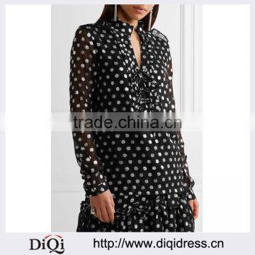 Wholesale Women Apparel Black and Silver Lace-up Metallic Fil Coupe Georgette Blouse(DQE0383T)
