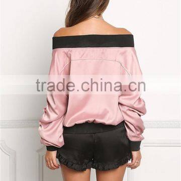 MGOO 2017 Hot Sale Cheap Price Off Shoulder Pink Jackets Custom Fashion Satin Bomber Tops Crop Style photo-6