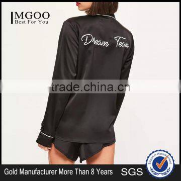 MGOO Custom Designs Women Long Sleeves Black Satin Embroided Pajama Sets Silk Custom Logos Your Tag Sleepwear