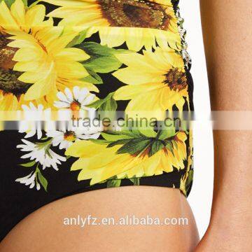 Sexy Women's Deep V-neck Ruched Sides Sunflower-print Self-tie Halterneck Swimsuit photo-5