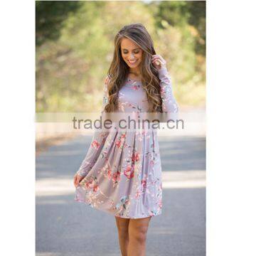 B40989A Fashion Print Flowers Dress Women Long Sleeve Crewneck Dress photo-5