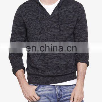 Mens plain knitted oversized hoodies pattern marled v neck hoodie oem