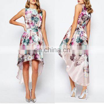 Latest Design High-to-low Cut Hem Sleeveless Big Floral Printed Fashion Prom Dress