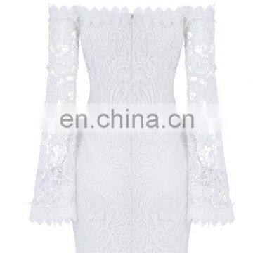 American Style Ladies Sexy Off Shoulder Bell Sleeve White Lace Dress for Elegant Women Party photo-4