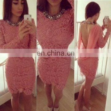 2014 New Arrival Sexy Coral Color Sheath Long Sleeves Short Mini Lace Backless Girls Cheap Cocktail Dress Free Shipping JCD016